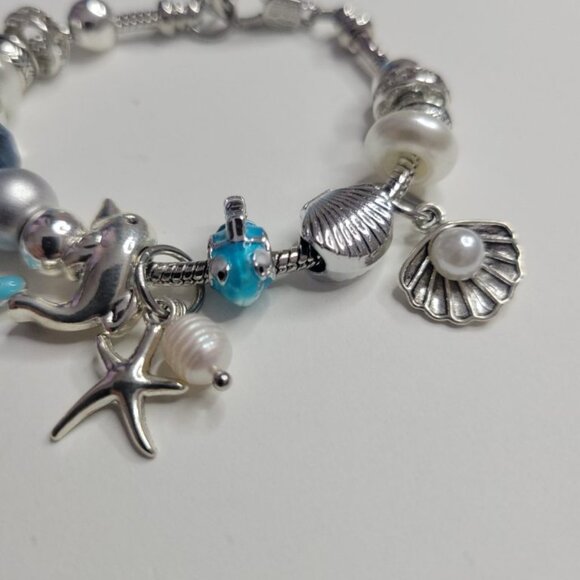 NWT Pandora Style Charm Bracelet Dolphin Starfish Shell Pearl Blue Glass Silver - Picture 4 of 4